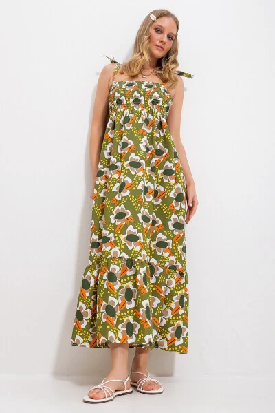 Women's Khaki Strappy Skirt Ruffle Floral Printed Gathered Woven Dress Alc-X11734 - 4