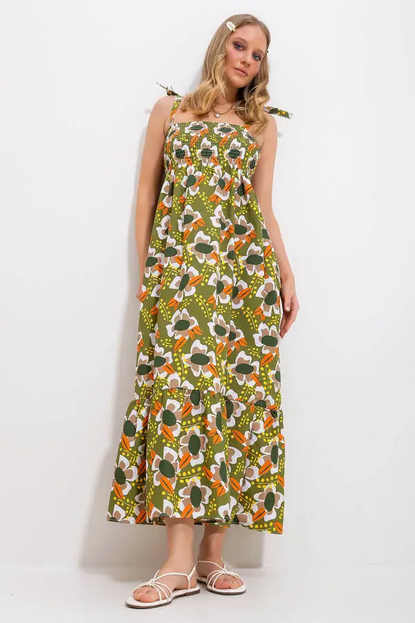 Women's Khaki Strappy Skirt Ruffle Floral Printed Gathered Woven Dress Alc-X11734 - 4