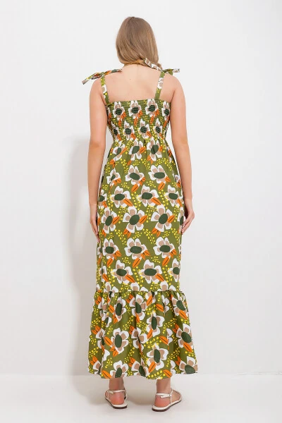 Women's Khaki Strappy Skirt Ruffle Floral Printed Gathered Woven Dress Alc-X11734 - 5