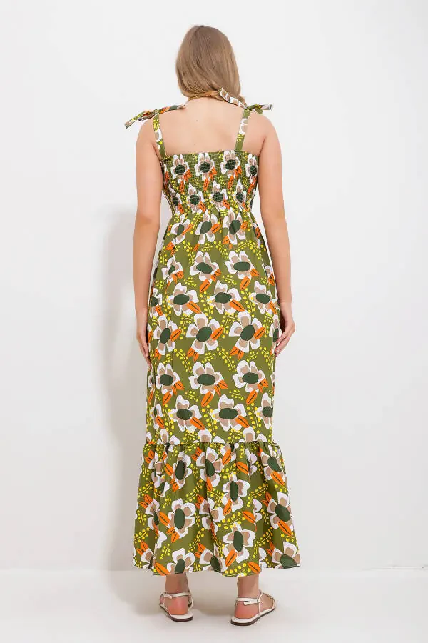 Women's Khaki Strappy Skirt Ruffle Floral Printed Gathered Woven Dress Alc-X11734 - 5