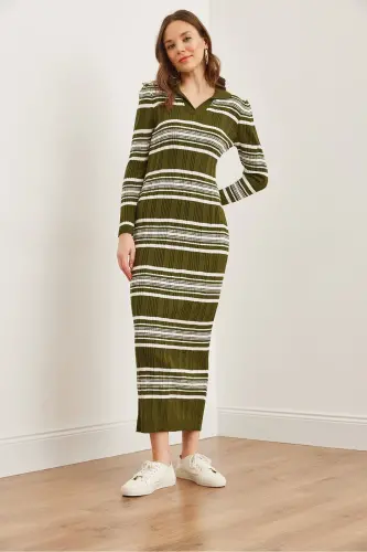 Women's Khaki Striped Ribbed Polo Neck Maxi Knit Dress - OLALOOK (1)