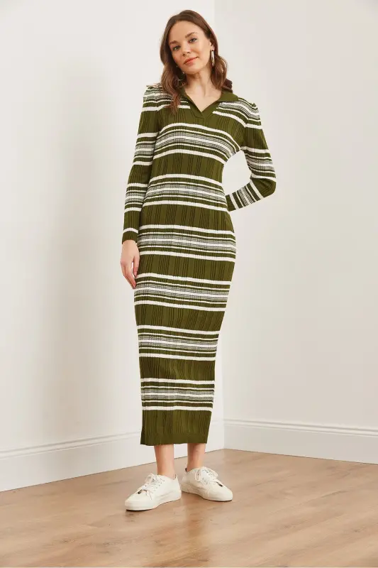 Women's Khaki Striped Ribbed Polo Neck Maxi Knit Dress - 2