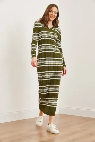 Women's Khaki Striped Ribbed Polo Neck Maxi Knit Dress - 3