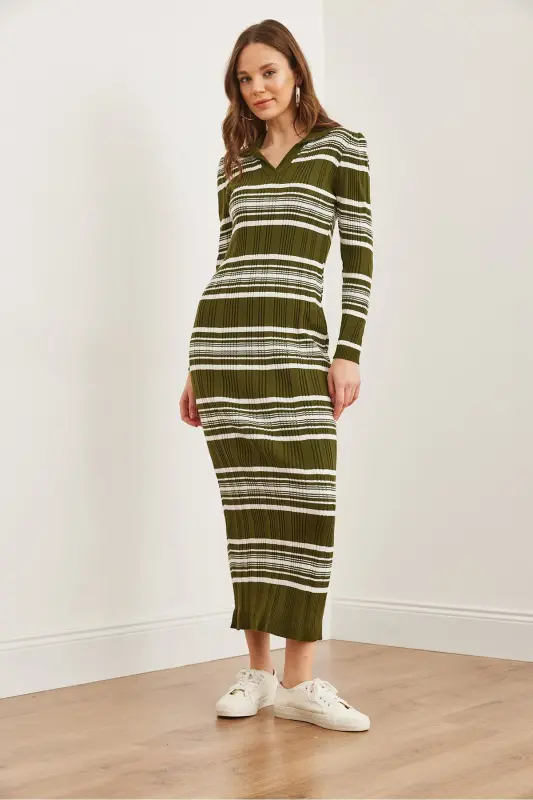 Women's Khaki Striped Ribbed Polo Neck Maxi Knit Dress - 4