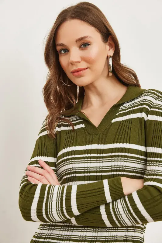 Women's Khaki Striped Ribbed Polo Neck Maxi Knit Dress - 5