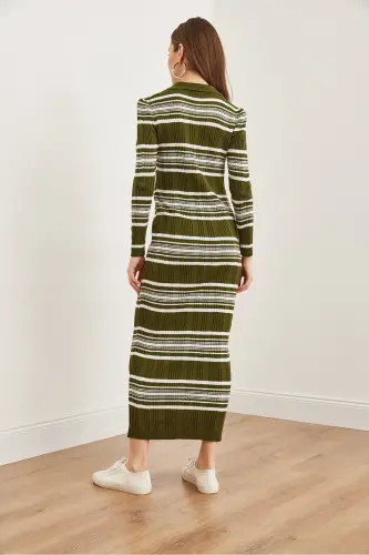 Women's Khaki Striped Ribbed Polo Neck Maxi Knit Dress - 6