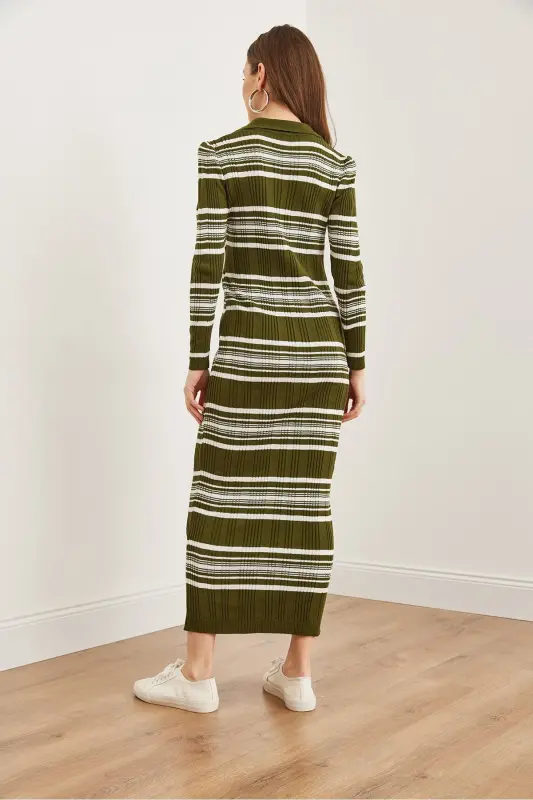 Women's Khaki Striped Ribbed Polo Neck Maxi Knit Dress - 6