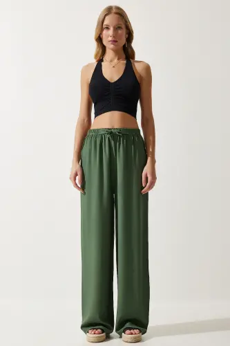 Women's Khaki Summer Viscose Palazzo Pants EN00610-Khaki - HAPPINESS İSTANBUL (1)