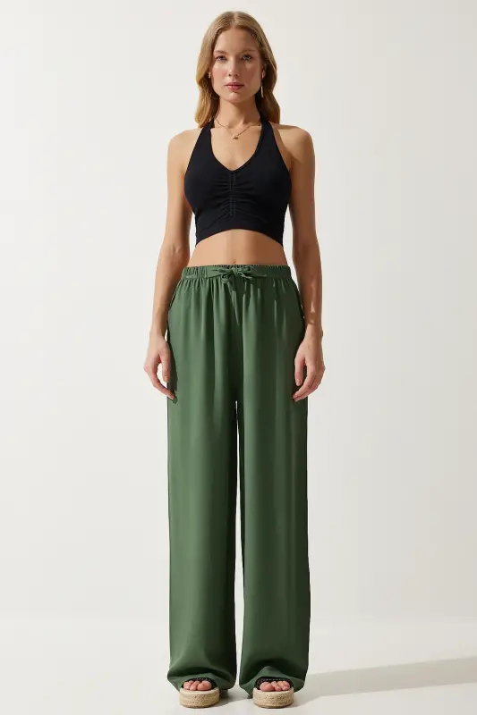 Women's Khaki Summer Viscose Palazzo Pants EN00610-Khaki - 2