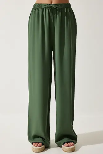 Women's Khaki Summer Viscose Palazzo Pants EN00610-Khaki - 3