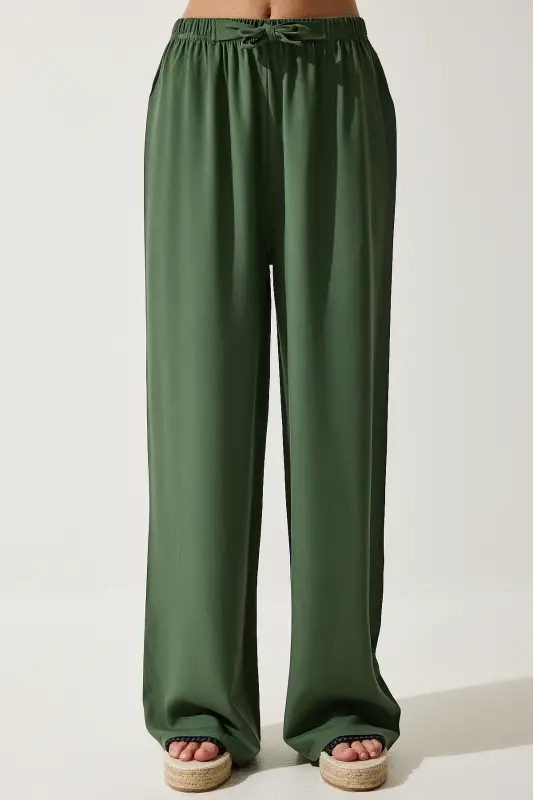 Women's Khaki Summer Viscose Palazzo Pants EN00610-Khaki - 3