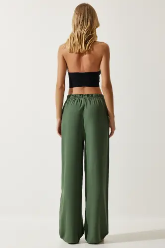 Women's Khaki Summer Viscose Palazzo Pants EN00610-Khaki - 5