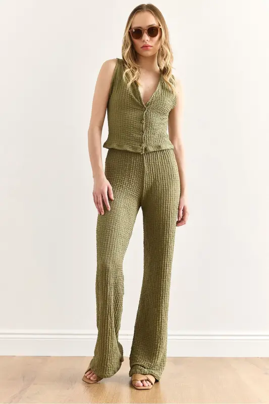 Women's Khaki Textured Vest Pants Suit TKM-1900039 - OLALOOK