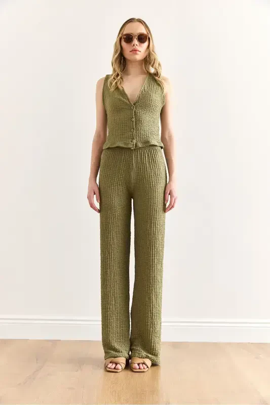 Women's Khaki Textured Vest Pants Suit TKM-1900039 - 2