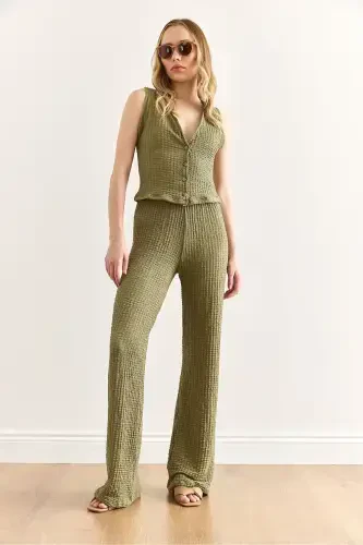 Women's Khaki Textured Vest Pants Suit TKM-1900039 - 3