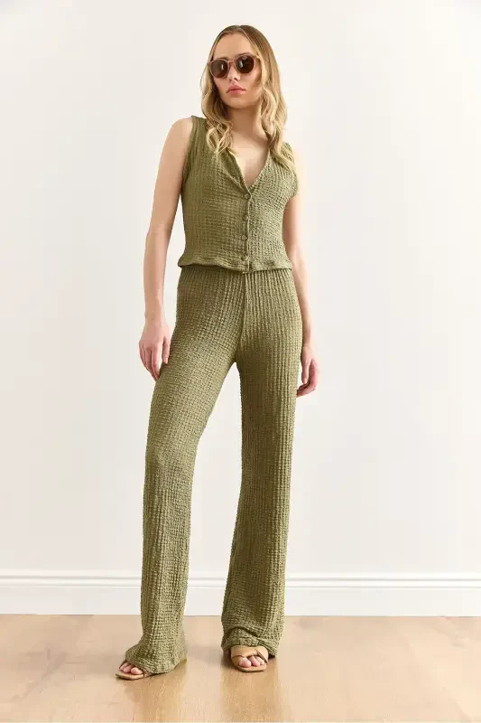 Women's Khaki Textured Vest Pants Suit TKM-1900039 - 3