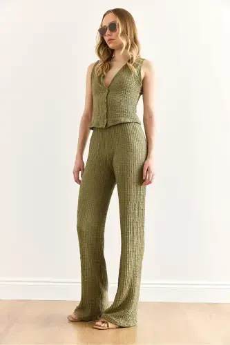 Women's Khaki Textured Vest Pants Suit TKM-1900039 - 4