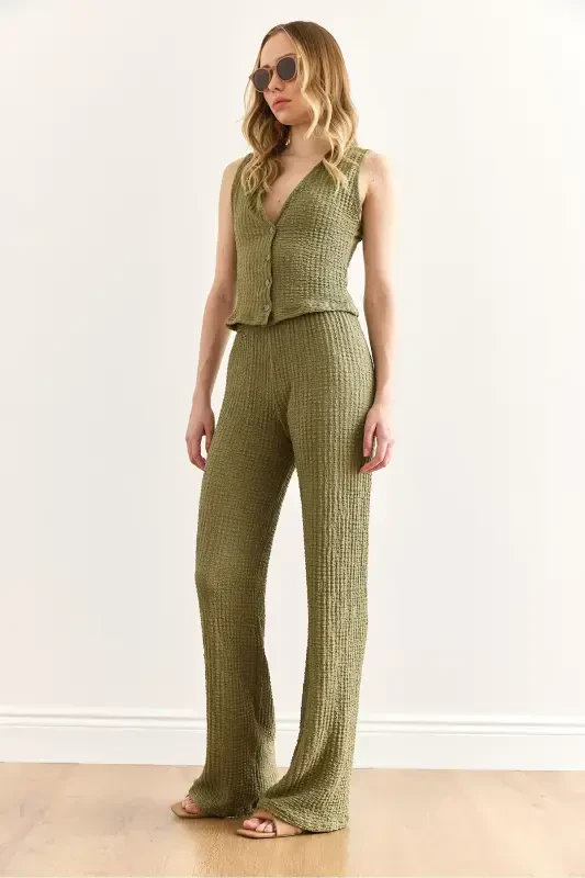 Women's Khaki Textured Vest Pants Suit TKM-1900039 - 4