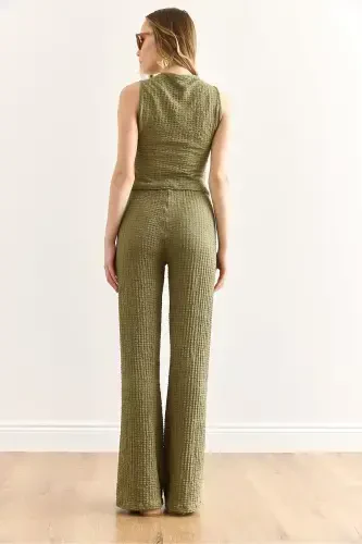 Women's Khaki Textured Vest Pants Suit TKM-1900039 - 5