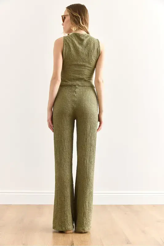 Women's Khaki Textured Vest Pants Suit TKM-1900039 - 5