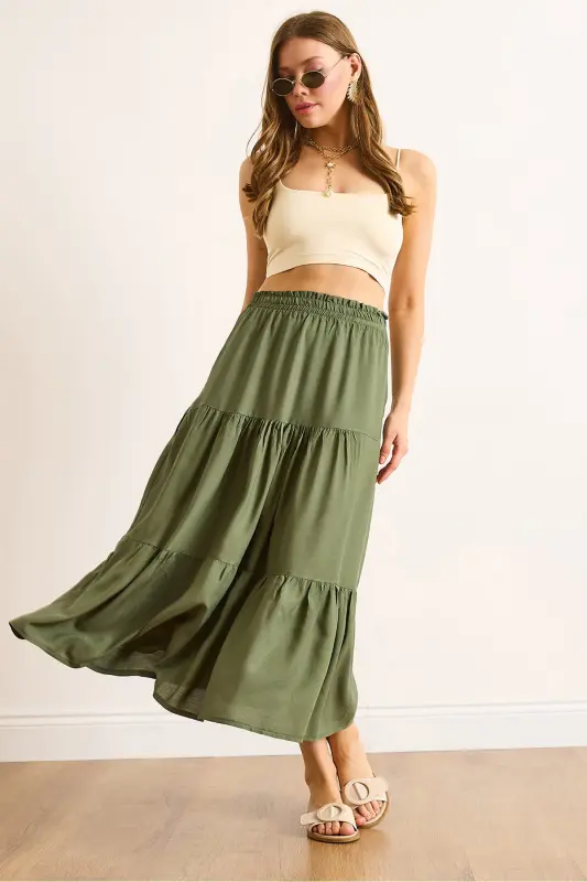 Women's Khaki Tiered Flowy Midi Woven Skirt ETK-19000313-Khaki - 1