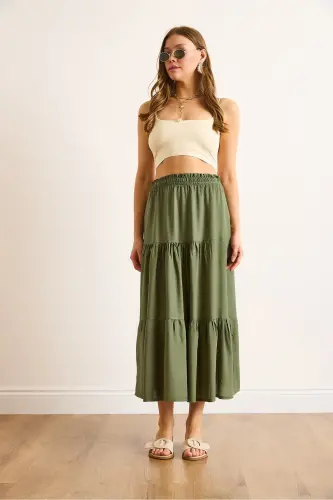 Women's Khaki Tiered Flowy Midi Woven Skirt ETK-19000313-Khaki - 2
