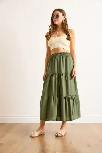 Women's Khaki Tiered Flowy Midi Woven Skirt ETK-19000313-Khaki - 3
