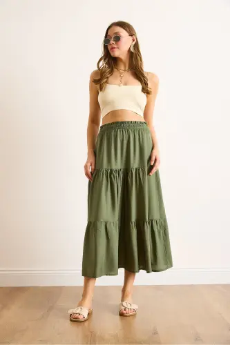 Women's Khaki Tiered Flowy Midi Woven Skirt ETK-19000313-Khaki - 4