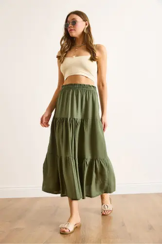 Women's Khaki Tiered Flowy Midi Woven Skirt ETK-19000313-Khaki - 5