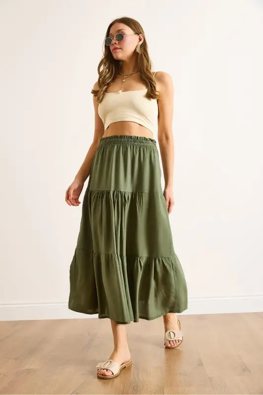 Women's Khaki Tiered Flowy Midi Woven Skirt ETK-19000313-Khaki - 5