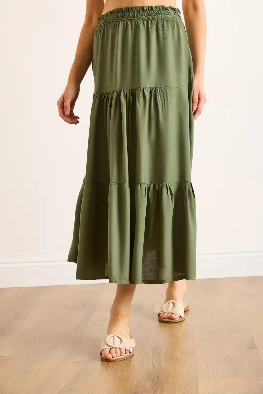 Women's Khaki Tiered Flowy Midi Woven Skirt ETK-19000313-Khaki - 6