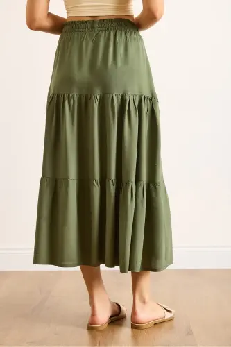 Women's Khaki Tiered Flowy Midi Woven Skirt ETK-19000313-Khaki - 7