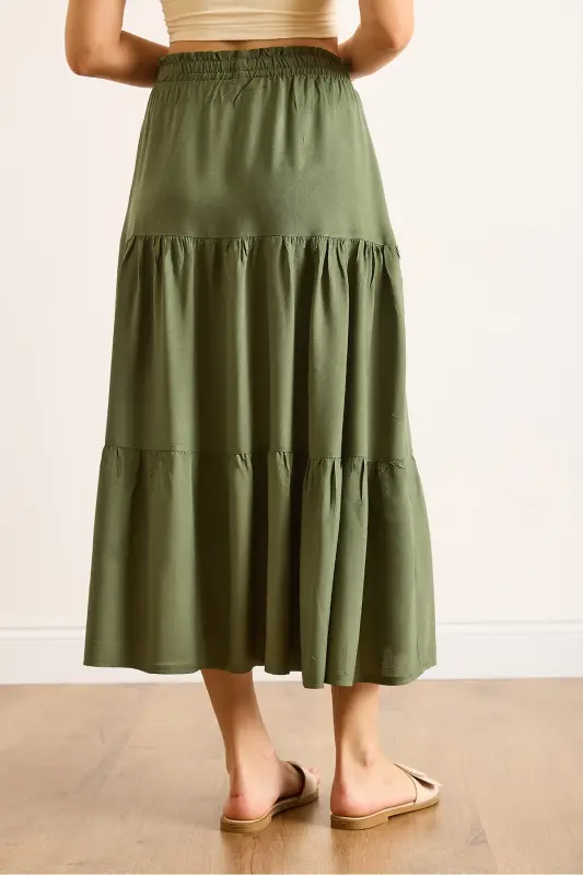 Women's Khaki Tiered Flowy Midi Woven Skirt ETK-19000313-Khaki - 7