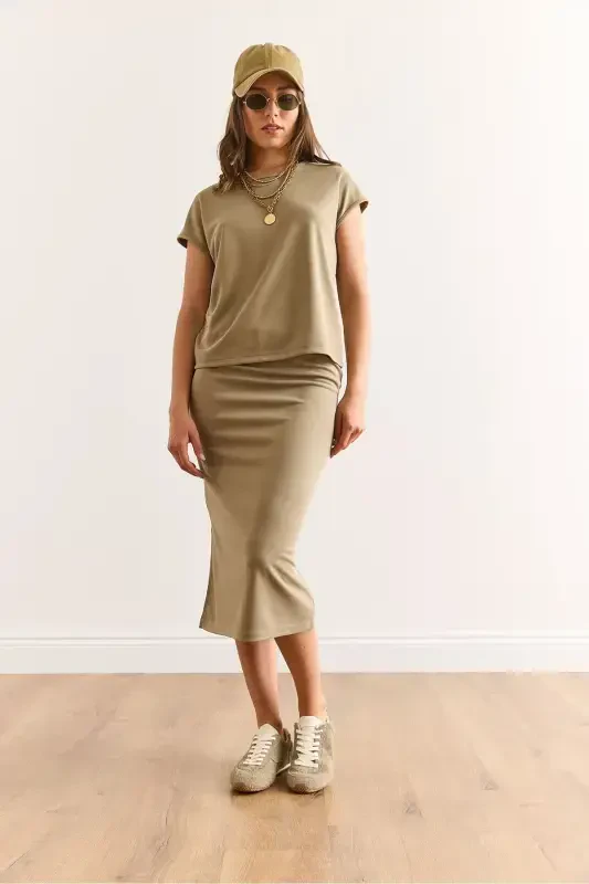 Women's Khaki Top Blouse Slit Hem Skirt Modal Pique - 2