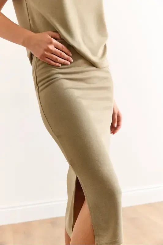Women's Khaki Top Blouse Slit Hem Skirt Modal Pique - 6
