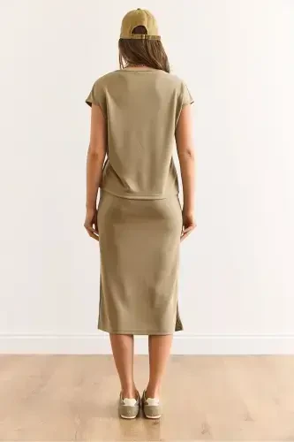 Women's Khaki Top Blouse Slit Hem Skirt Modal Pique - 7