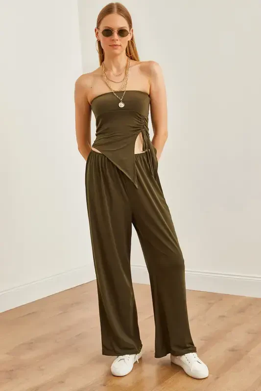 Women's Khaki Top Strapless Asymmetric Blouse Bottom Palazzo - OLALOOK