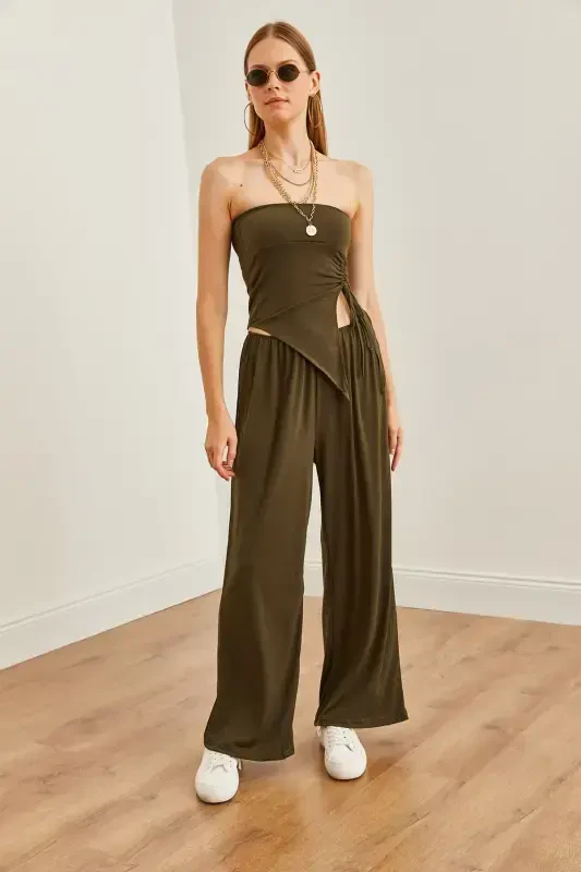 Women's Khaki Top Strapless Asymmetric Blouse Bottom Palazzo - 2