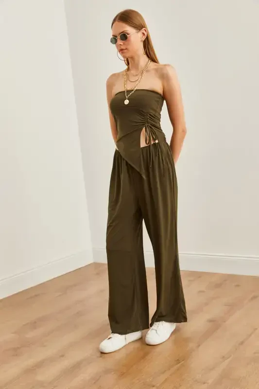 Women's Khaki Top Strapless Asymmetric Blouse Bottom Palazzo - 3