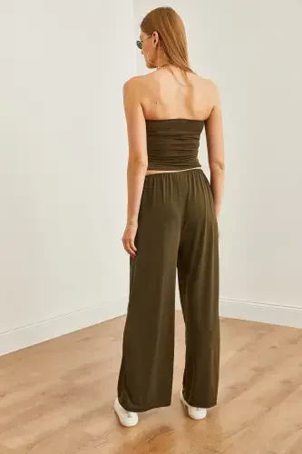 Women's Khaki Top Strapless Asymmetric Blouse Bottom Palazzo - 5