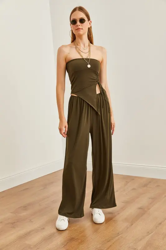 Women's Khaki Top Strapless Asymmetric Blouse Bottom Palazzo - 8