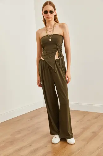 Women's Khaki Top Strapless Asymmetric Blouse Bottom Palazzo - 5