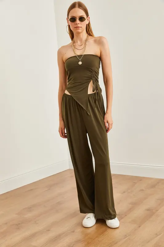 Women's Khaki Top Strapless Asymmetric Blouse Bottom Palazzo - 5