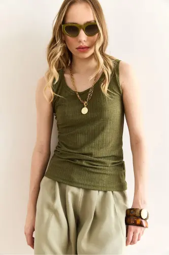 Women's Khaki U-Neck Ribbed Textured Blouse BLZ-19003004 - 1