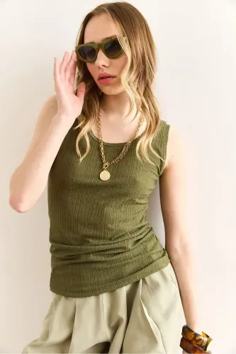 Women's Khaki U-Neck Ribbed Textured Blouse BLZ-19003004 - OLALOOK (1)