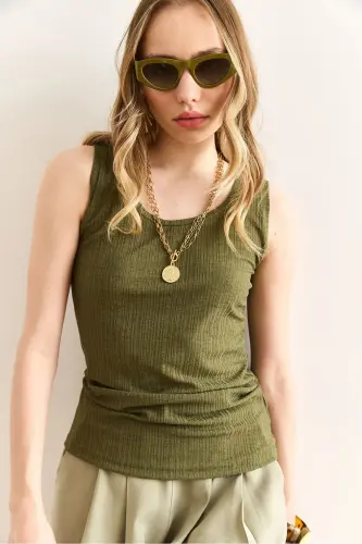 Women's Khaki U-Neck Ribbed Textured Blouse BLZ-19003004 - 3