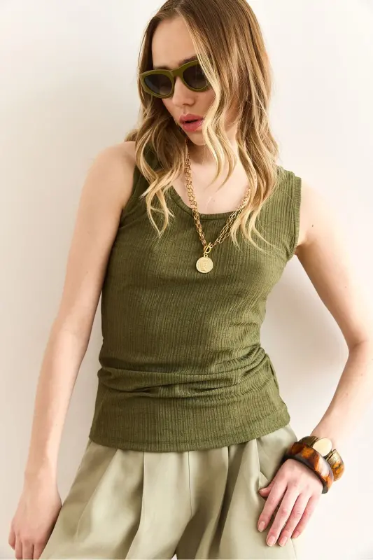 Women's Khaki U-Neck Ribbed Textured Blouse BLZ-19003004 - 5