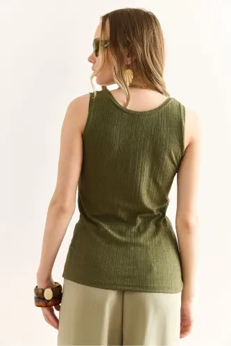 Women's Khaki U-Neck Ribbed Textured Blouse BLZ-19003004 - 6