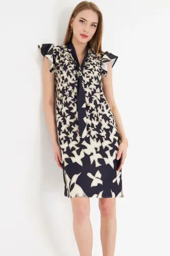 Women's Khaki V-Neck Ruffled Sleeves Bow Detail 