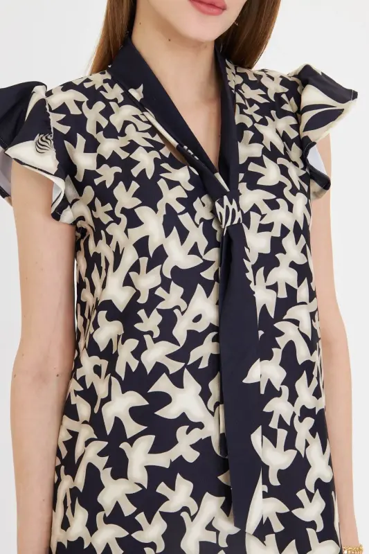 Women's Khaki V-Neck Ruffled Sleeves Bow Detail - 2